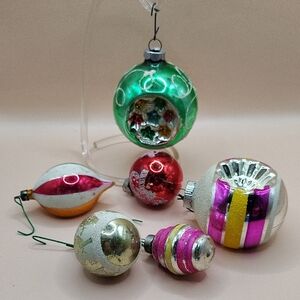 Vintage Lot Of 6 Shiny Brite Holiday Ornaments - Green, Red, Pink, Gold